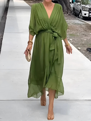 Blake | Dames Midi Jurk Met Strikceintuur En Vlindermouwen