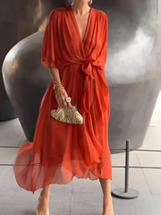 Blake | Dames Midi Jurk Met Strikceintuur En Vlindermouwen