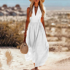 Nora | Dames Boho Linnen Halter Maxi Jurk Mouwloos
