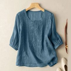Phoebe | Dames Geborduurde Blouse Met Ronde Hals