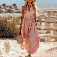 Nora | Dames Boho Linnen Halter Maxi Jurk Mouwloos