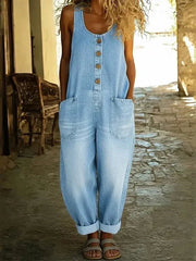 Eva | Boho Dames Losse Mouwloze Denim Jumpsuit Knopen