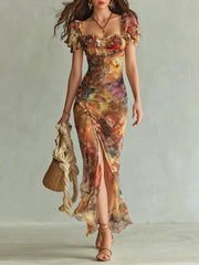 Roos | Dames Bloemenprint Chiffon Maxi-jurk Ruche Sweetheart Hals