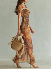 Roos | Dames Bloemenprint Chiffon Maxi-jurk Ruche Sweetheart Hals