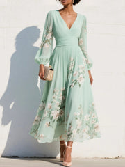 Nina | Dames Bloemenprint V-hals Geplooide Ballonmouw Midi Jurk