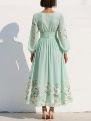 Nina | Dames Bloemenprint V-hals Geplooide Ballonmouw Midi Jurk