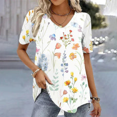 Lieke | Dames Bloemenprint V-hals Korte Mouw Top Relaxed Fit