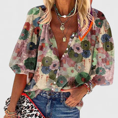 Sara | Dames Bloemenprint V-hals Oversized Blouse met Knoopsluiting