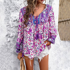 Mila | Dames Bloemenprint V-hals Wijdvallende Tunic Kwastjes Trekkoord