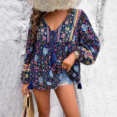 Mila | Dames Bloemenprint V-hals Wijdvallende Tunic Kwastjes Trekkoord