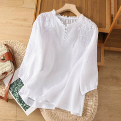 Nina | Dames Bohemian Geborduurd Ruche Kraag Linnen Blouse