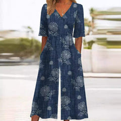 Nora | Dames Boho Bloemenprint V-hals Jumpsuit Rechte Pijpen