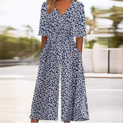 Nora | Dames Boho Bloemenprint V-hals Jumpsuit Rechte Pijpen