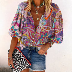 Emma | Dames Boho Gebloemde V-Hals Blouse Lange Mouw
