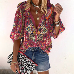 Emma | Dames Boho Gebloemde V-Hals Blouse Lange Mouw