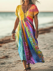 Eva | Dames Boho Patchwork Meerkleurige Midi Dress met V-hals Lange Mouwen