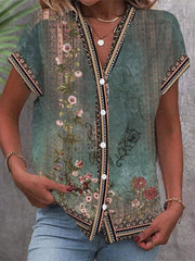 Elin | Dames Casual V-hals Bloemenprint Blouse Korte Mouwen