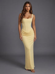 Sanne | Dames Corset Vierkante Hals Gedrapeerde Maxi Avondjurk