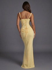 Sanne | Dames Corset Vierkante Hals Gedrapeerde Maxi Avondjurk