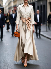 Sanne | Dames Elegante Lange Mouw Maxi Blousejurk met Strikceintuur