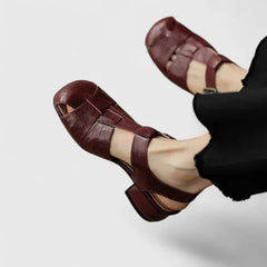 Sara | Dames Elegante Leren Blokhak Sandalen Vierkante Neus