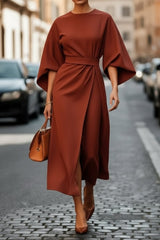 Julia | Dames Elegante Wijde-Mouw Midi Cocktailjurk met Tailleband