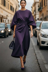 Julia | Dames Elegante Wijde-Mouw Midi Cocktailjurk met Tailleband