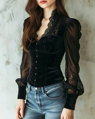 Nora | Dames Fluwelen Kanten Blouse met Doorzichtige Mouwen Knoopsluiting