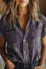 Femke | Dames Gebloemde Katoenen Korte Mouw Blouse met Knoopsluiting