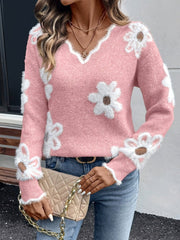 Julia | Dames Gebloemde V-hals Knit Sweater Zachte Fluffy Trui
