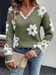 Julia | Dames Gebloemde V-hals Knit Sweater Zachte Fluffy Trui