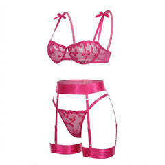 Emma | Dames Geborduurd Mesh Lingerie Set Jarretelgordel