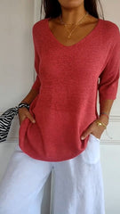Femke | Dames Gebreide V-hals Top Halflange Mouw Relaxed Fit