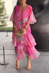 Julia | Dames Gelaagde Chiffon Bloemenprint Maxi Jurk