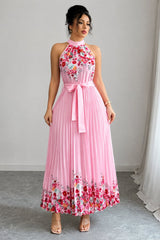 Nina | Dames Geplooid Bloemenprint Halter Evening Gown Midi