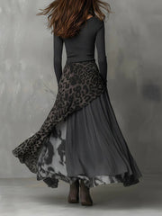 Julia | Dames Geribbelde Long Sleeve Dress Maxi Luipaardprint Onregelmatige Zoom