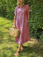 Fleur | Dames Gestreepte Midi Shirtjurk Korte Mouwen