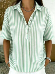 Sara | Dames Gestreepte Relaxed-Fit Korte Mouw Blouse met Kraag
