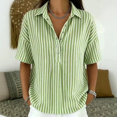 Sara | Dames Gestreepte Relaxed-Fit Korte Mouw Blouse met Kraag