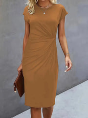 Sara | Dames Getailleerde Ruched Midi Jurk Korte Mouw Bodycon