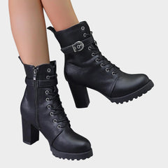 Sanne | Dames Gevlochten Veterlaars Gesp Blokhak Ankle Boots