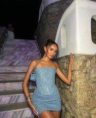 Tessa | Dames Glitter Pailletten Denim Two-Piece Set Strapless Top Mini Rok