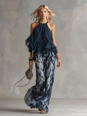 Anna | Dames Halter Ruffle Blouse Wijdbeense Broek Tweedelig Set