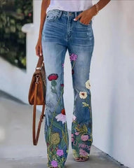 Sophie | Dames Hoge Taille Bloemenprint Flare Jeans
