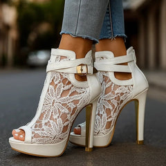 Femke | Dames Kant Peep-Toe Stiletto Hakken Enkelbandje Pumps