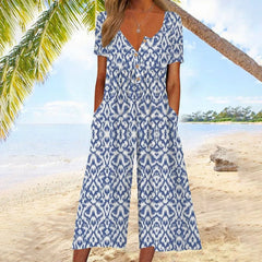 Sanne | Dames Katoenen Culotte Jumpsuit Knoopsluiting V-hals Korte Mouw