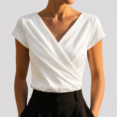 Nina | Dames Korte Mouw Gedrapeerde Wikkel V-hals Blouse Top