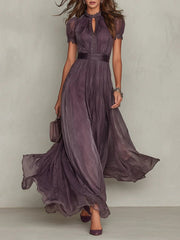 Julia | Dames Korte Mouw Kanten Chiffon Maxi Jurk Sleutelgat Hals