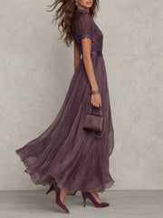 Julia | Dames Korte Mouw Kanten Chiffon Maxi Jurk Sleutelgat Hals