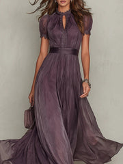 Julia | Dames Korte Mouw Kanten Chiffon Maxi Jurk Sleutelgat Hals